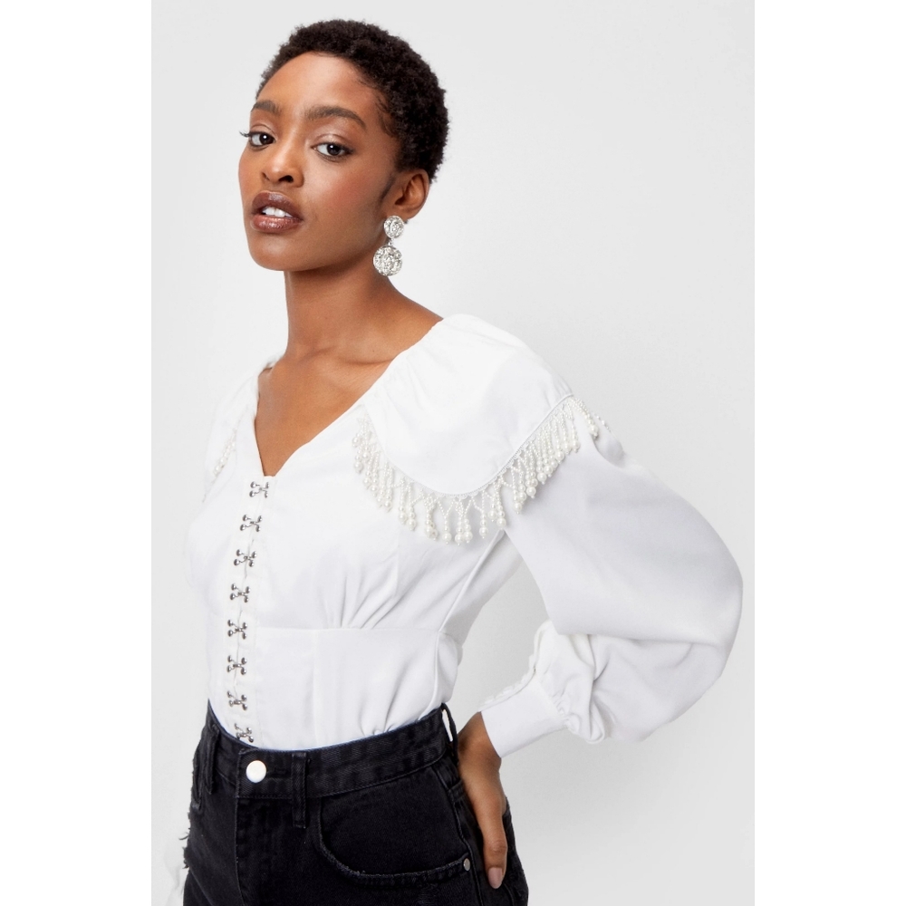 Pearl Hook and Eye V Neck Blouse
